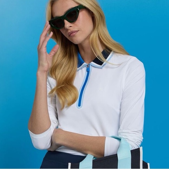 New G/Fore SILKY TECH NYLON QUARTER ZIP LONG SLEEVE POLO SNOW / LISBON - Picture 2 of 8